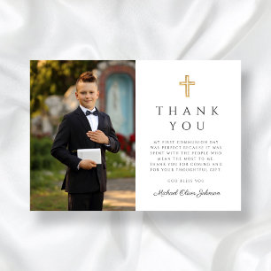 Elegant Cross First Communion Boy Photo Thank You Card