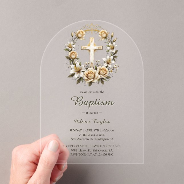 Elegant Cross Floral Wreath Classic Baptism  Acrylic Invitations (Insitu (Handheld))