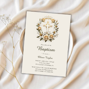 Elegant Cross Floral Wreath Classic Baptism Invitation