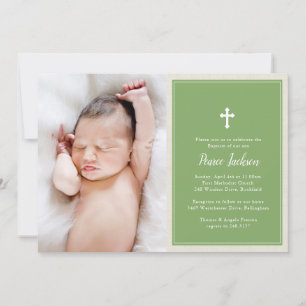 Elegant Cross Green Photo Baptism Christening Invitation
