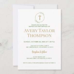 Elegant Cross Greenery Baptism and First Birthday Invitation