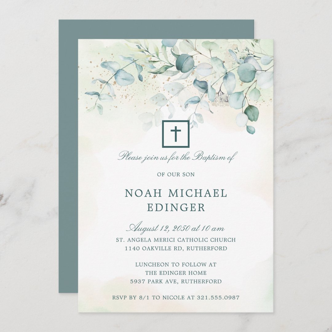 Elegant Cross Greenery Eucalyptus Baptism Invitation | Zazzle