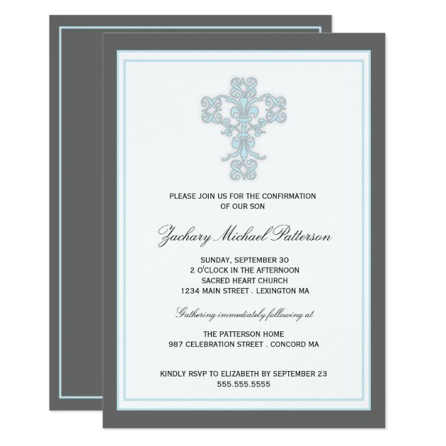 Elegant Cross In Blue Son Confirmation Invitation