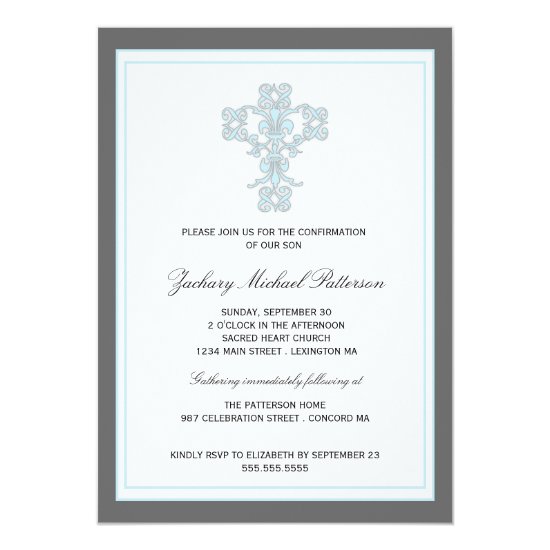 Elegant Cross in Blue Son Confirmation Invitation
