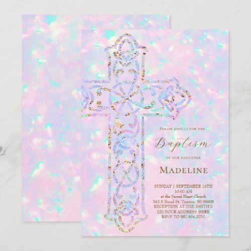 elegant cross opal Baptism Invitation