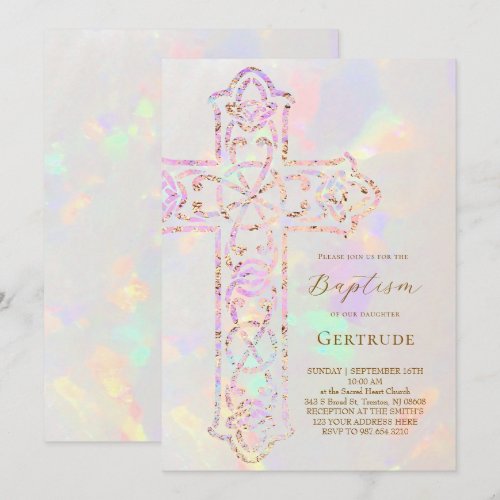 elegant cross opal design Baptism Invitation