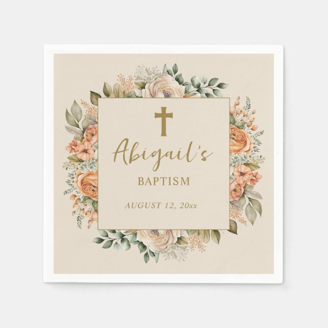 Elegant Cross Peach Cream Floral Baby Girl Baptism Napkins (Front)