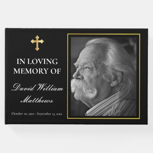 Elegant Cross Photo Black Bereavement  Funeral Guest Book