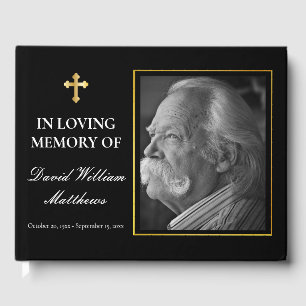 Elegant Cross Photo Black Bereavement   Funeral Guest Book