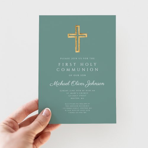 Elegant Cross Photo Boy First Communion  Invitation