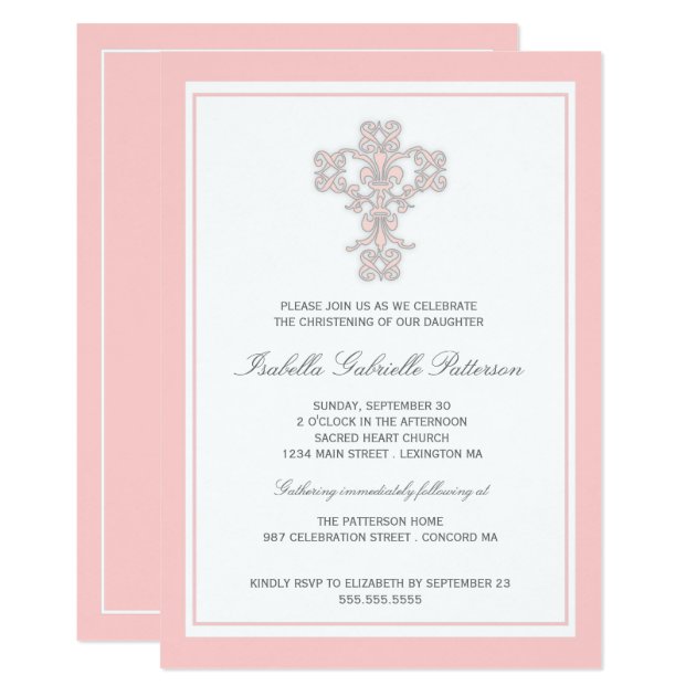Elegant Cross Pink Girl Christening Invitation