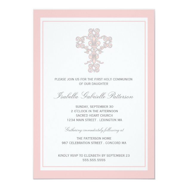Elegant Cross Pink Girl First Communion Invitation