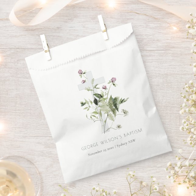 Elegant Cross Purple Wildflower Floral Baptism  Favor Bag (Clipped)