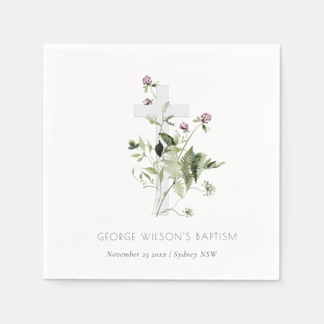 Elegant Cross Purple Wildflower Floral Baptism Napkins (Front)