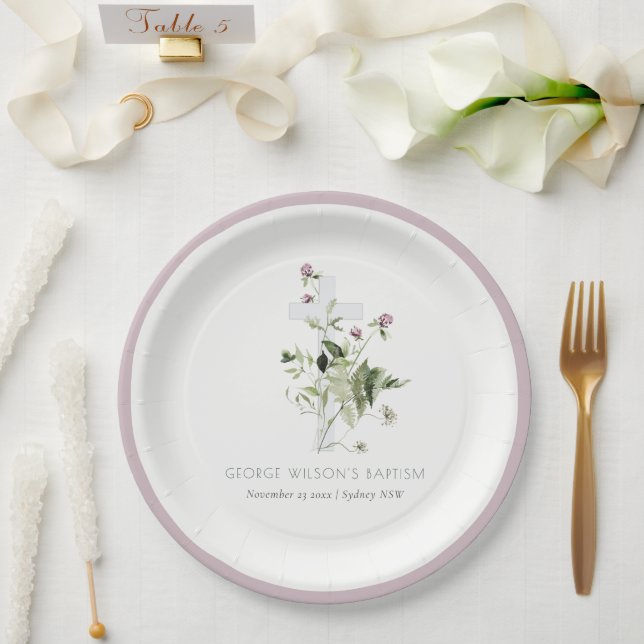Elegant Cross Purple Wildflower Floral Baptism Paper Plates (Wedding)