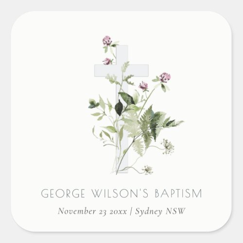 Elegant Cross Purple Wildflower Floral Baptism Square Sticker