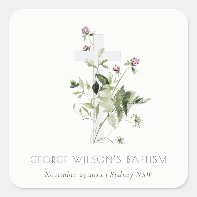 Elegant Cross Purple Wildflower Floral Baptism Square Sticker (Front)