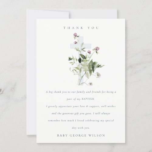 Elegant Cross Purple Wildflower Floral Baptism Thank You Card