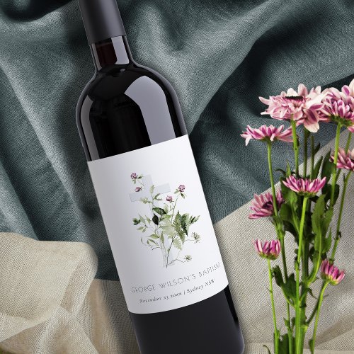 Elegant Cross Purple Wildflower Floral Baptism Wine Label