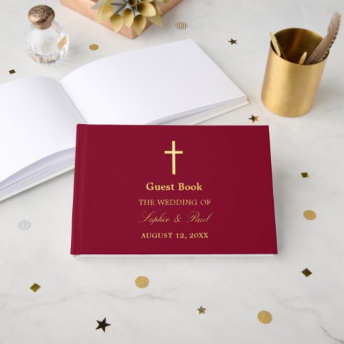 Elegant Cross Real Foil Burgundy Wedding Foil Guest Book