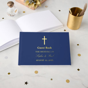 Elegant Cross Real Foil Navy Blue Wedding Guest Book