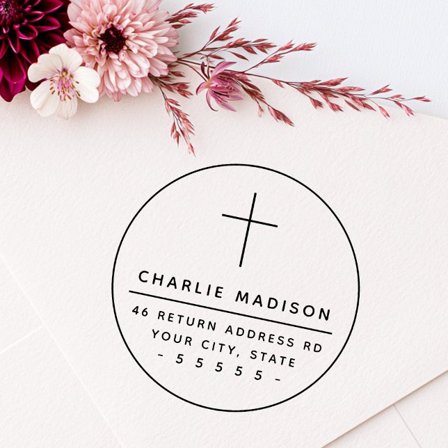 Elegant cross round frame Christian return address Rubber Stamp (Elegant cross round frame Christian return address Rubber Stamp)