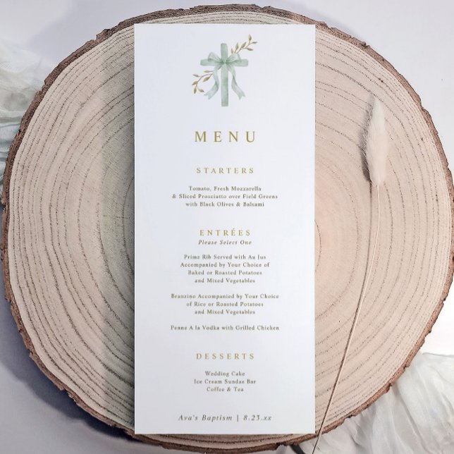 Elegant Cross Sage Botanical Watercolor Baptism Menu (Baptism menu with sage green watercolor cross, bow, and gold script text)