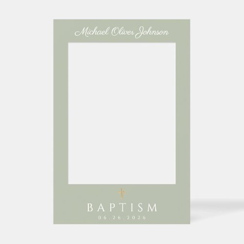 Elegant Cross Sage Green Baptism Selfie Frame