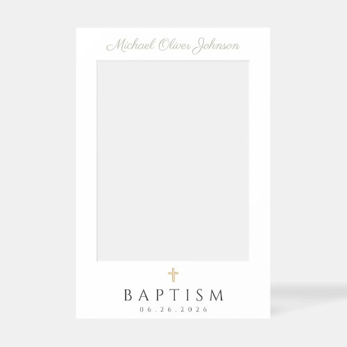 Elegant Cross Sage Green Script Baptism Selfie Frame