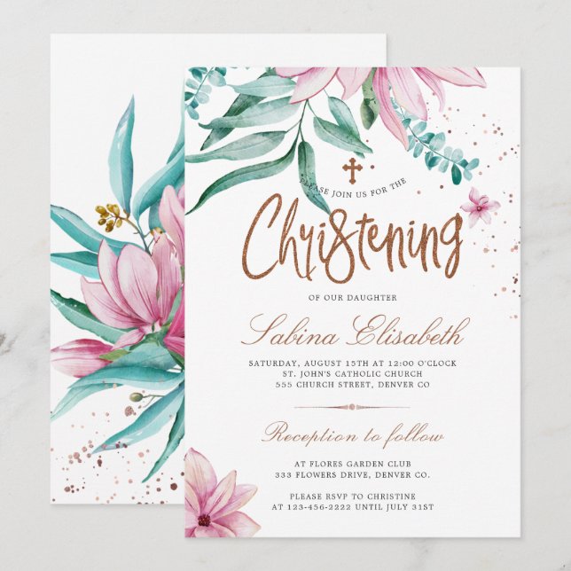 Elegant cross watercolor floral christening invitation (Front/Back)