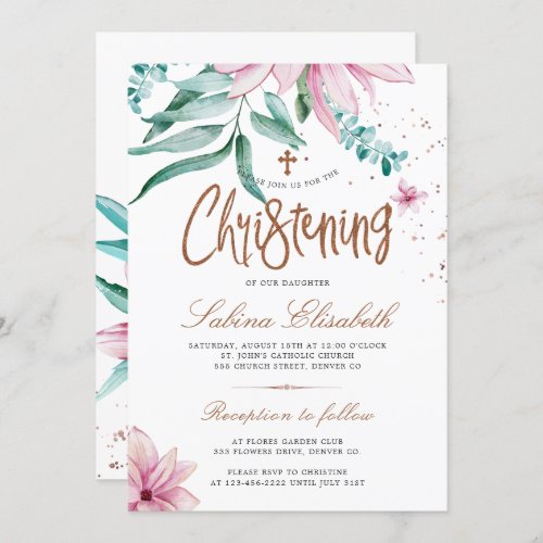Elegant cross watercolor floral christening invitation