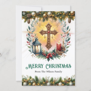 Elegant Cross with Lantern and Candles Christmas Holiday Card