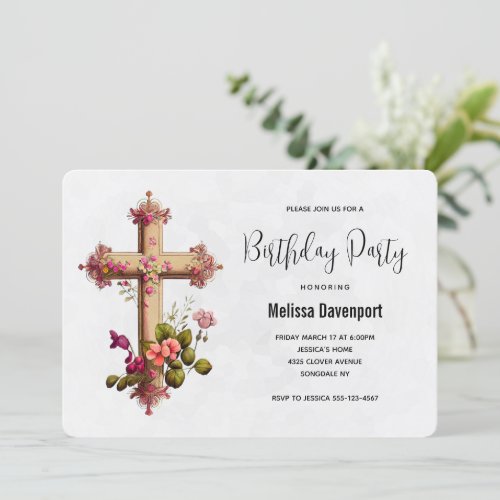 Elegant Cross with Pink Flowers Birthday Invitation