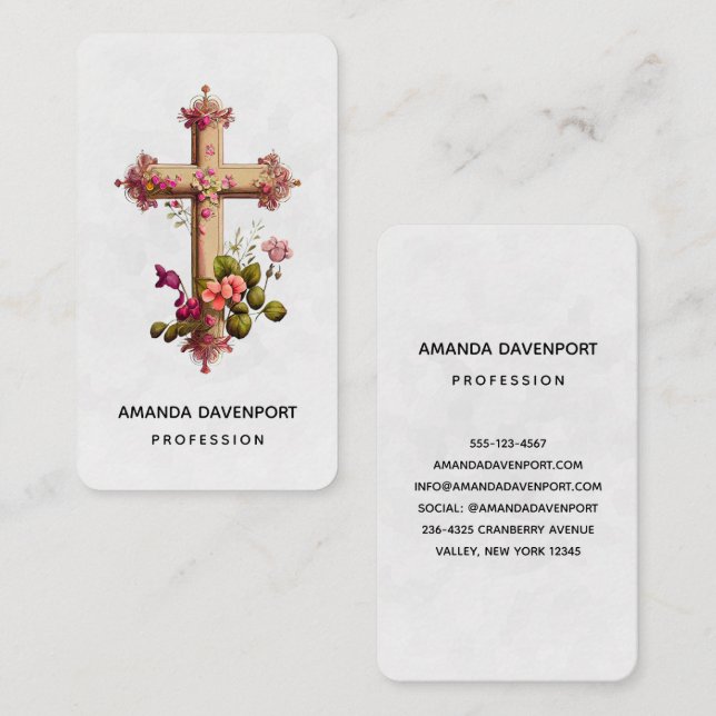 Elegant Cross with Pink Flowers Business Card (Front/Back)