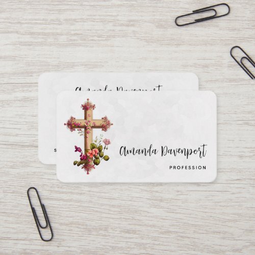 Elegant Cross with Pink Flowers Business Card
