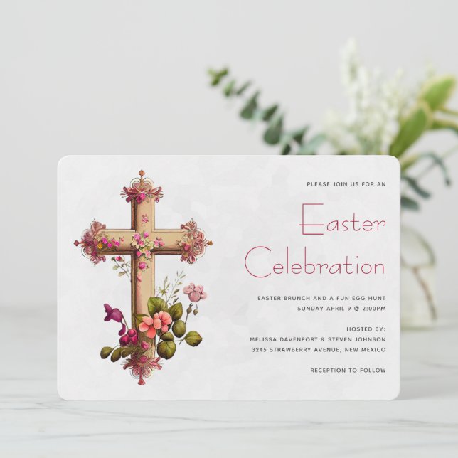 Elegant Cross with Pink Flowers Easter Invitation (Standing Front)