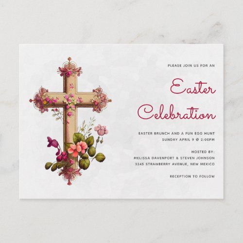  Elegant Cross with Pink Flowers Easter Party Postcard