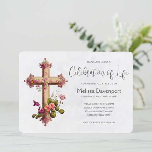 Elegant Cross with Pink Flowers Memorial Invitation