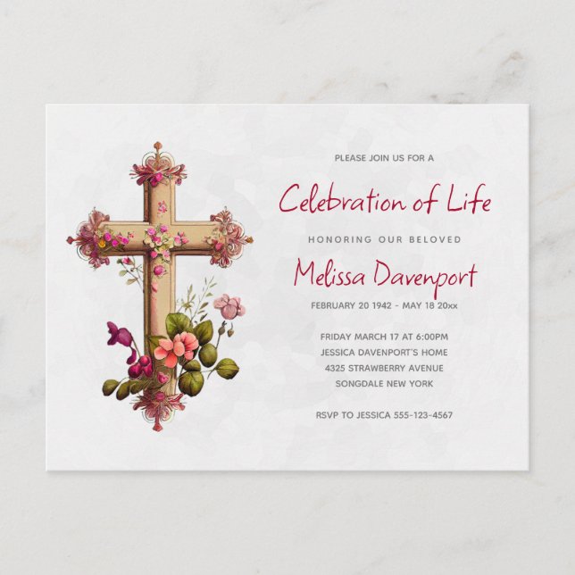 Elegant Cross with Pink Flowers Memorial Invite (Front)