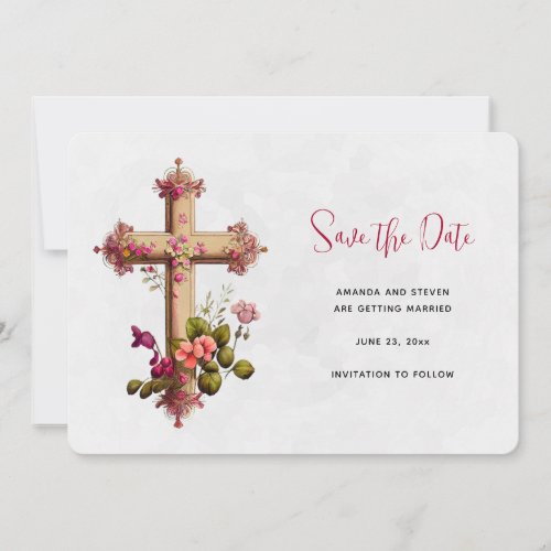 Elegant Cross with Pink Flowers Save The Date