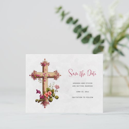 Elegant Cross with Pink Flowers Save the Date Invitation Postcard