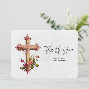 Elegant Cross with Pink Flowers Thank You Card