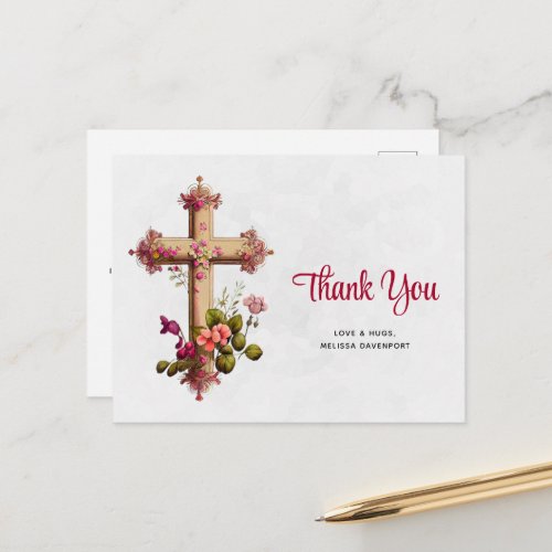 Elegant Cross with Pink Flowers Thank You Postcard