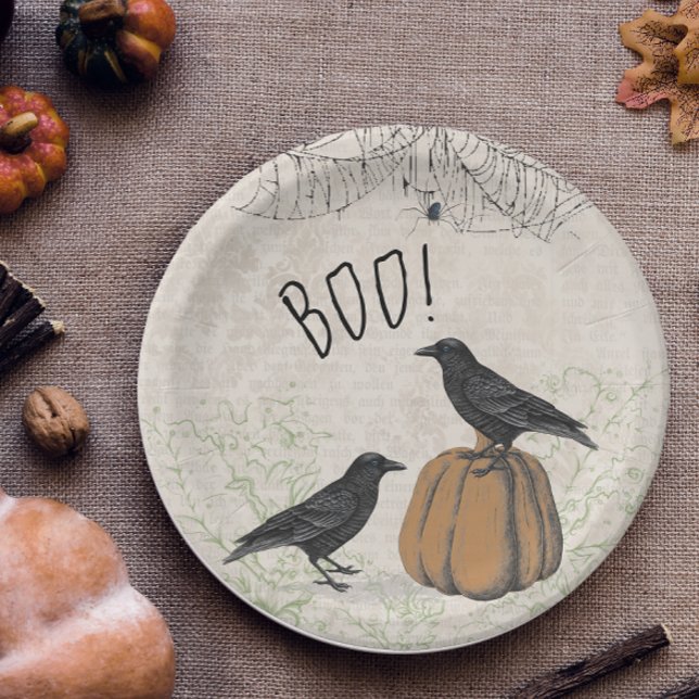 Elegant Crow Halloween Paper Plates (Vintage Gothic Halloween Party Plate)
