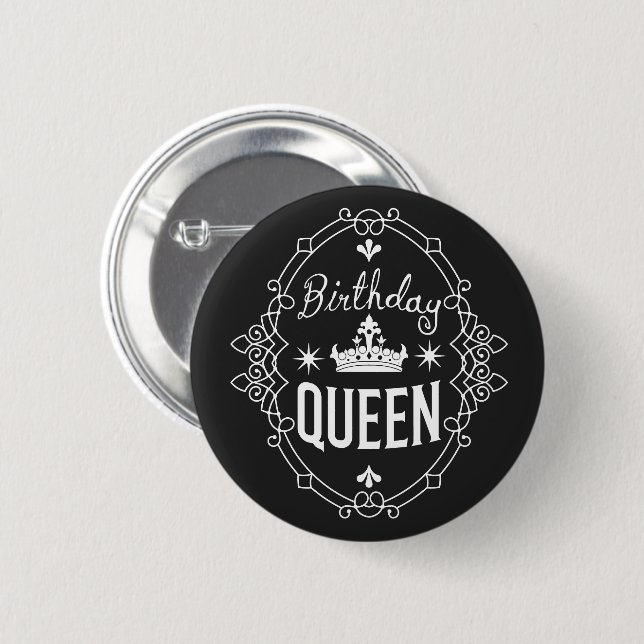 Elegant Crown Birthday Queen Typography Black Button (Front & Back)
