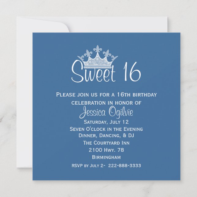 Elegant Crown Blue & White Sweet 16 Birthday Invitation (Front)