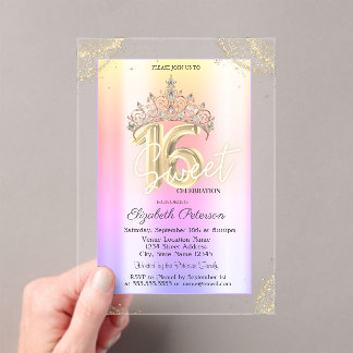 Elegant Crown Colorful Leopard Print Sweet 16   Acrylic Invitations
