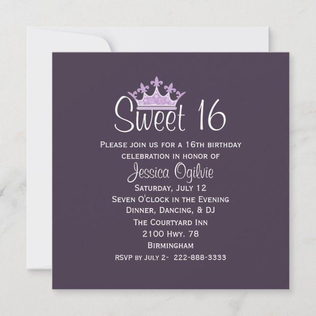 Elegant Crown Dark Plum Sweet 16 Birthday Invitation (Front)