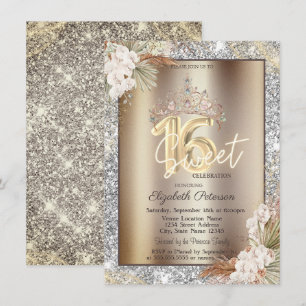Elegant Crown Flowers Sparkle Glitter Sweet 16   Invitation