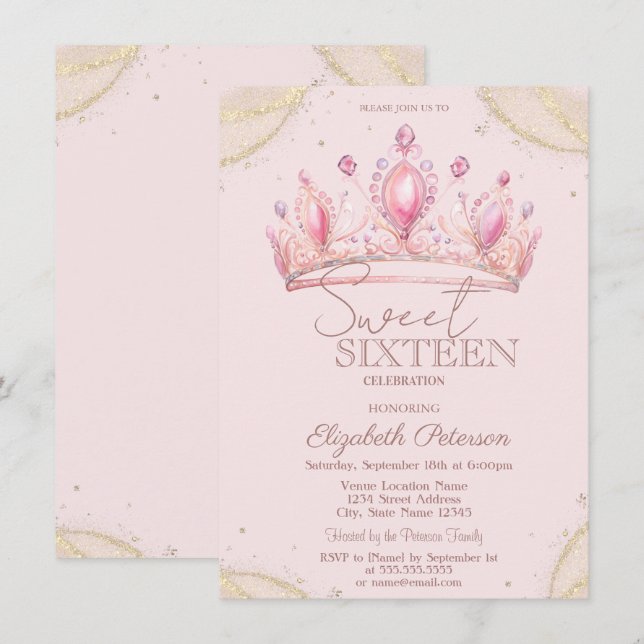 Elegant Crown Gold Glitter Corners Sweet 16   Invitation (Front/Back)